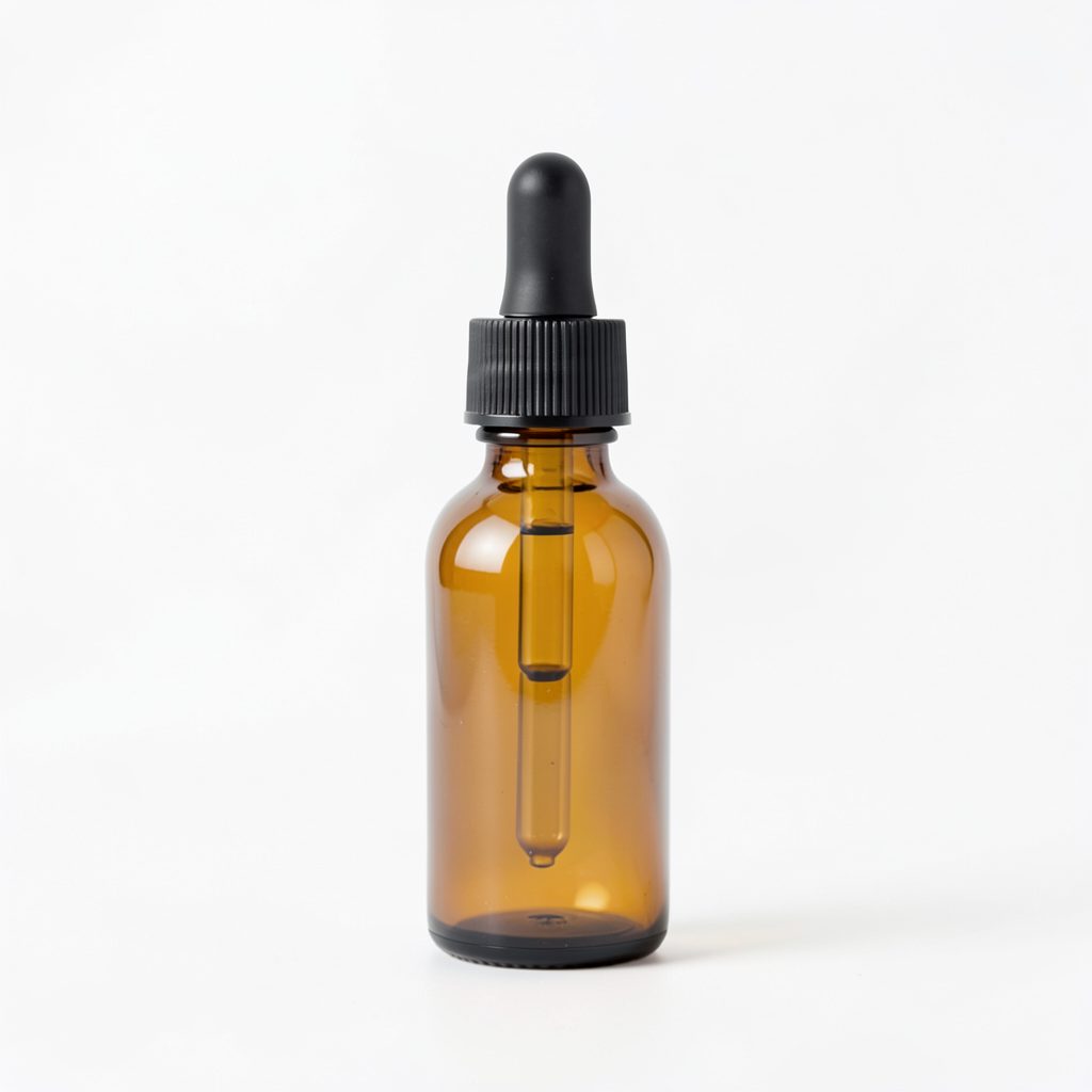 A minimalist amber glass bottle with a dropper on a clean white background, simple and pure