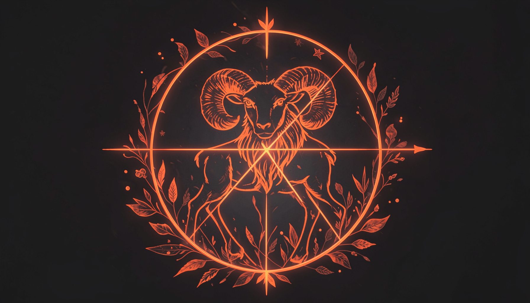 Aries constellation illustration with ram motif and botanical elements, fiery red-orange and charcoal tones