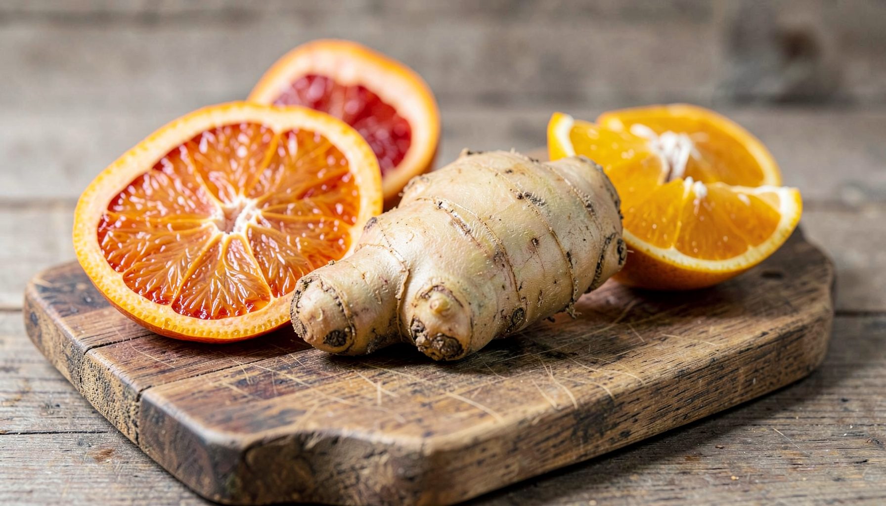 Fresh turmeric root and sliced blood oranges on a rustic cutting board, vibrant orange and golden yellow hues