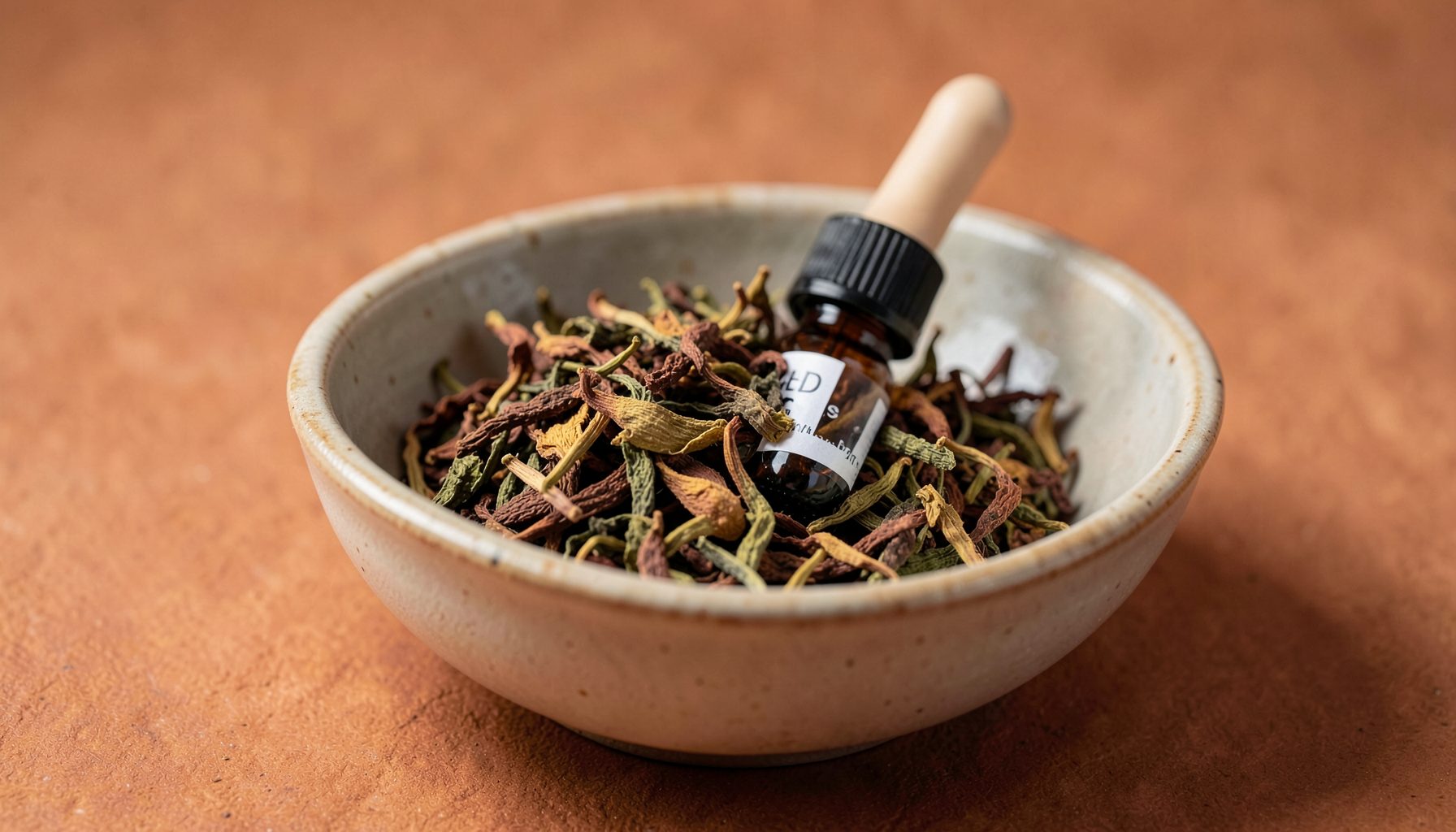 A ceramic bowl of dried damiana leaves with a dropper bottle of CBD tincture, earthy greens and warm terracotta tones