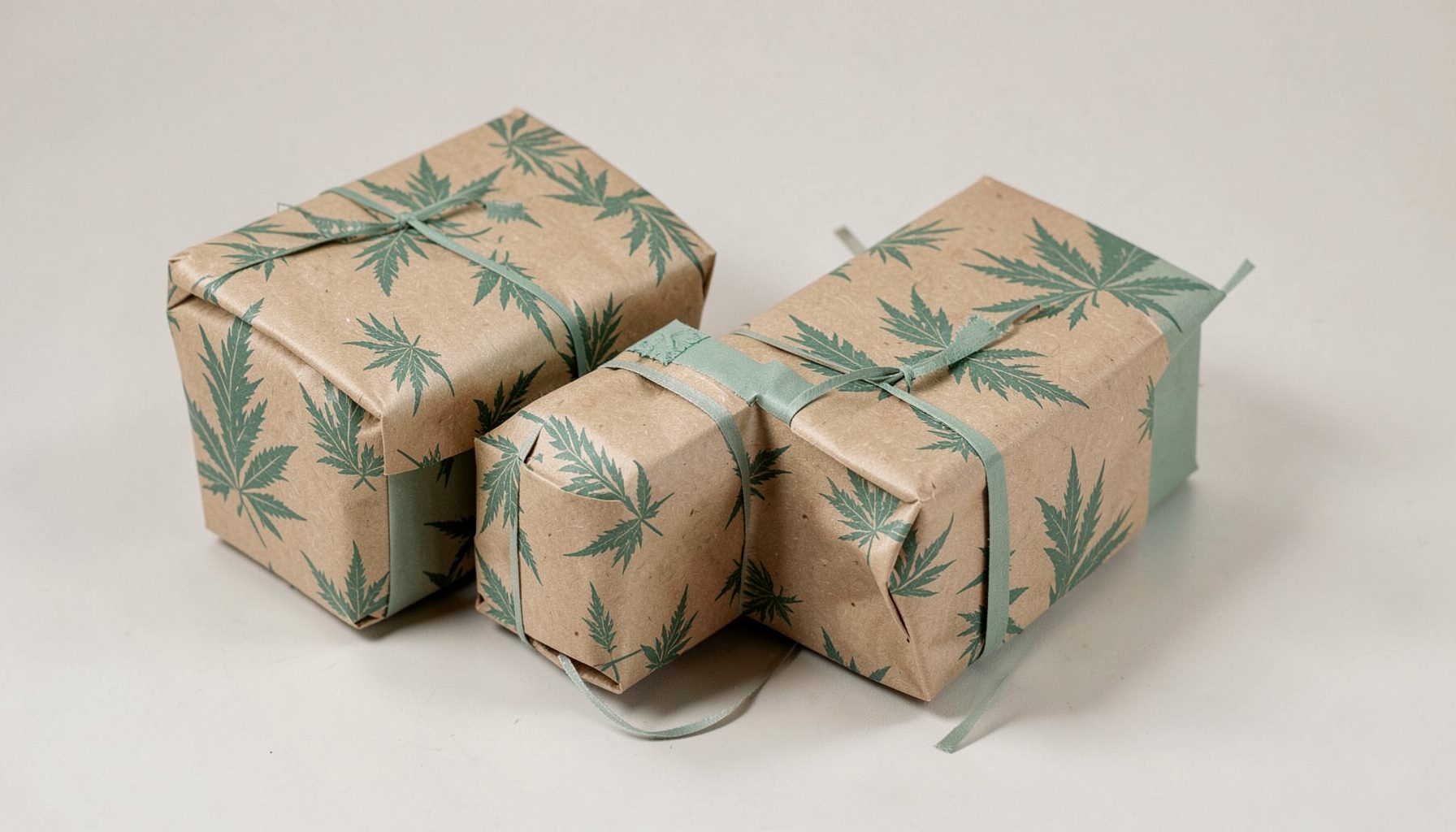 Gift-wrapped boxes with hemp leaf motifs and ribbon on a neutral background, natural kraft paper and sage green accents