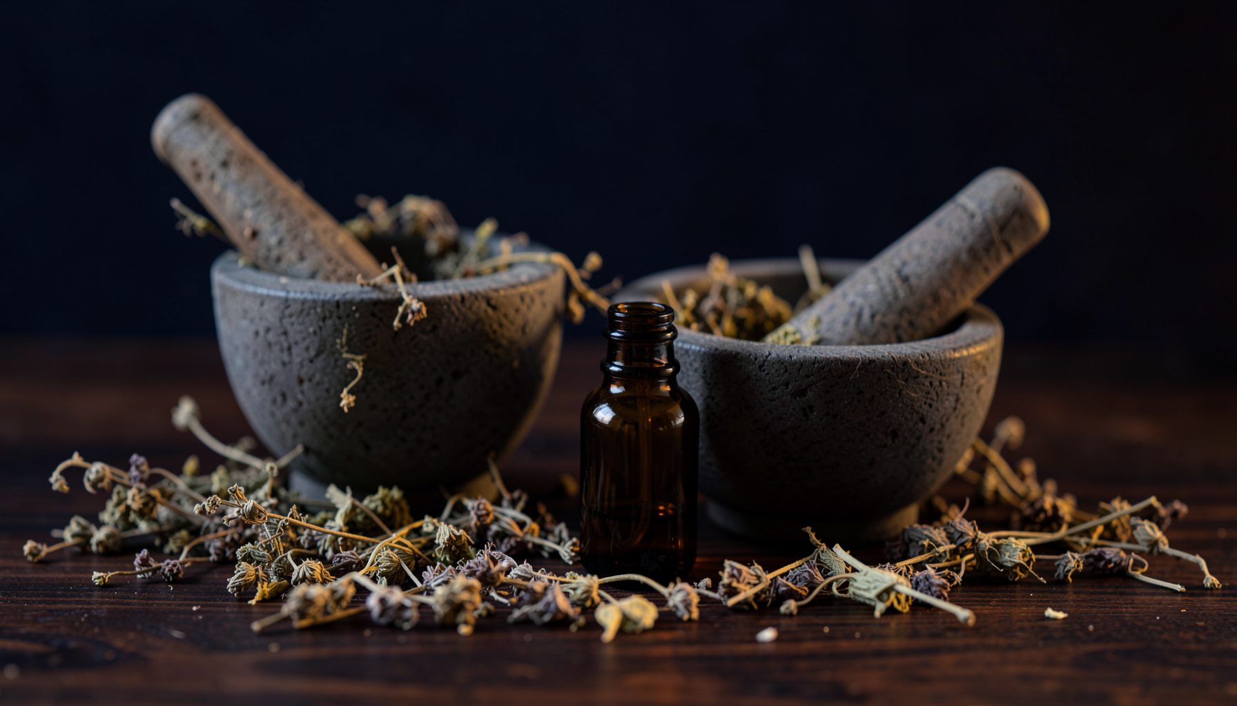 A softly lit arrangement of dried herbs, a mortar and pestle, and a small amber glass bottle on a dark wooden surface, deep navy and warm amber tones