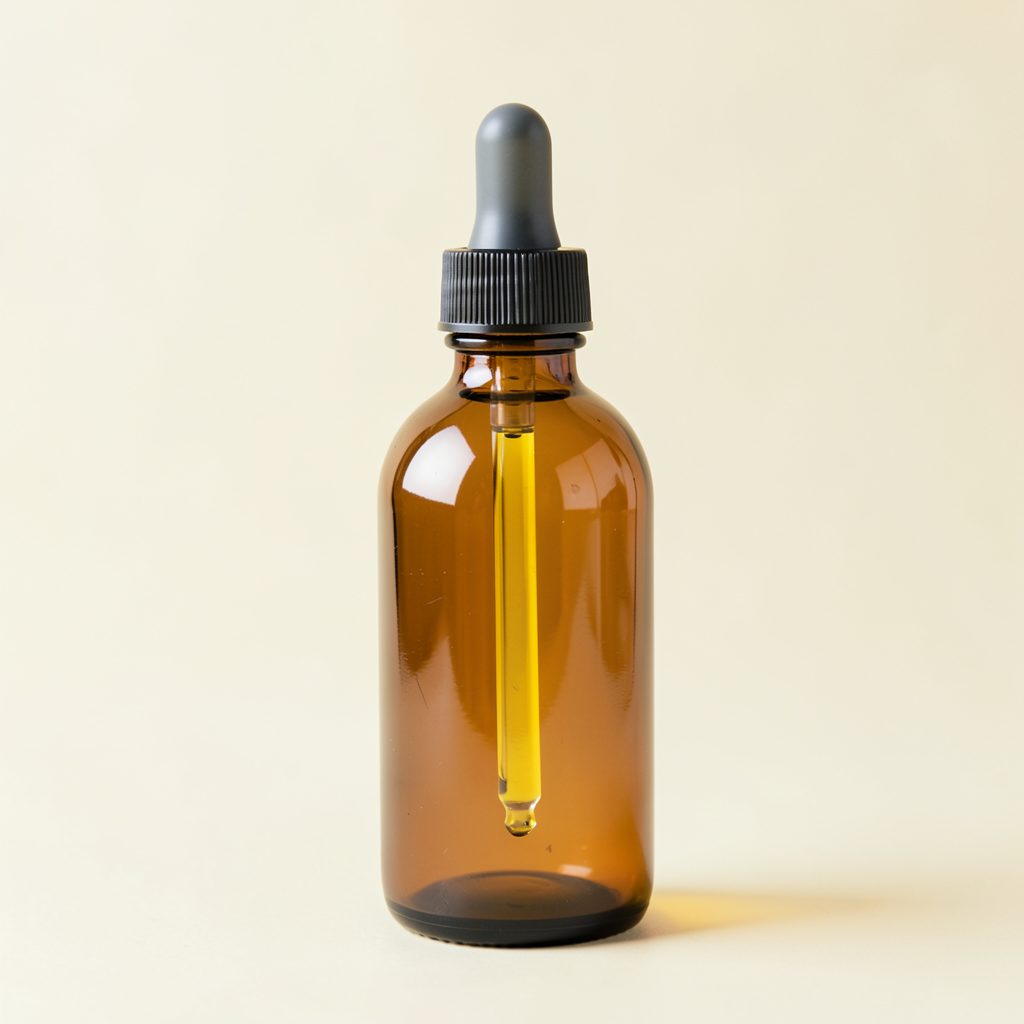 A larger amber glass bottle with a dropper, warm golden oil visible, set against a soft cream backdrop