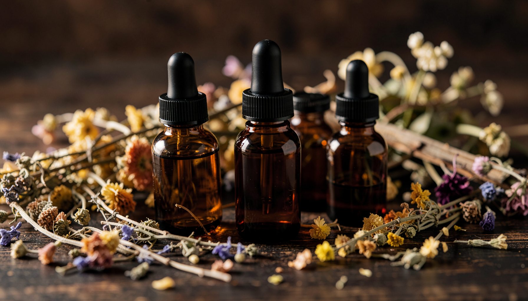 A warm, softly lit arrangement of amber glass dropper bottles nestled among dried herbs and flowers on a dark wooden surface, evoking a calm apothecary mood