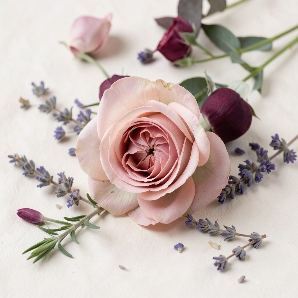 Soft rose and deep berry tones with delicate herbal botanicals on a light surface, serene and natural