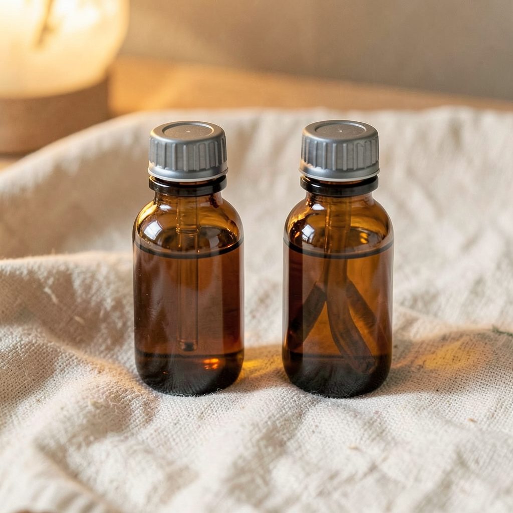 Two amber tincture bottles side by side on a textured linen cloth, warm and inviting wellness mood