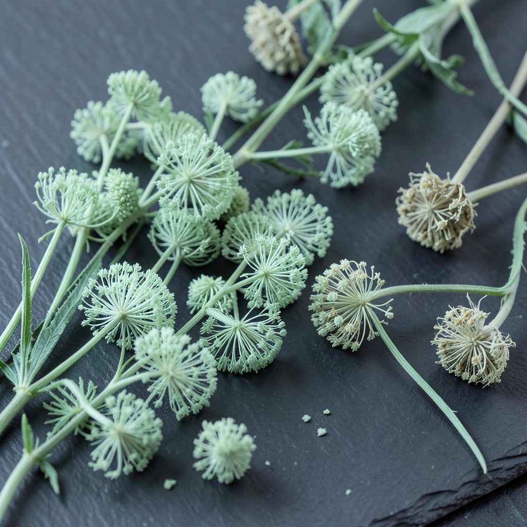 Cool mint green tones with dried valerian flowers on a dark slate surface, calming and herbal
