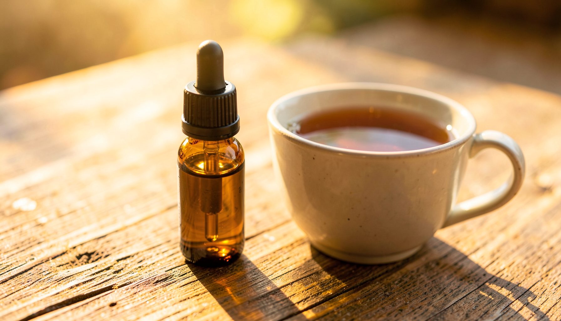 A small amber dropper bottle of CBD oil beside a cup of herbal tea on a sunlit wooden table, warm golden morning light
