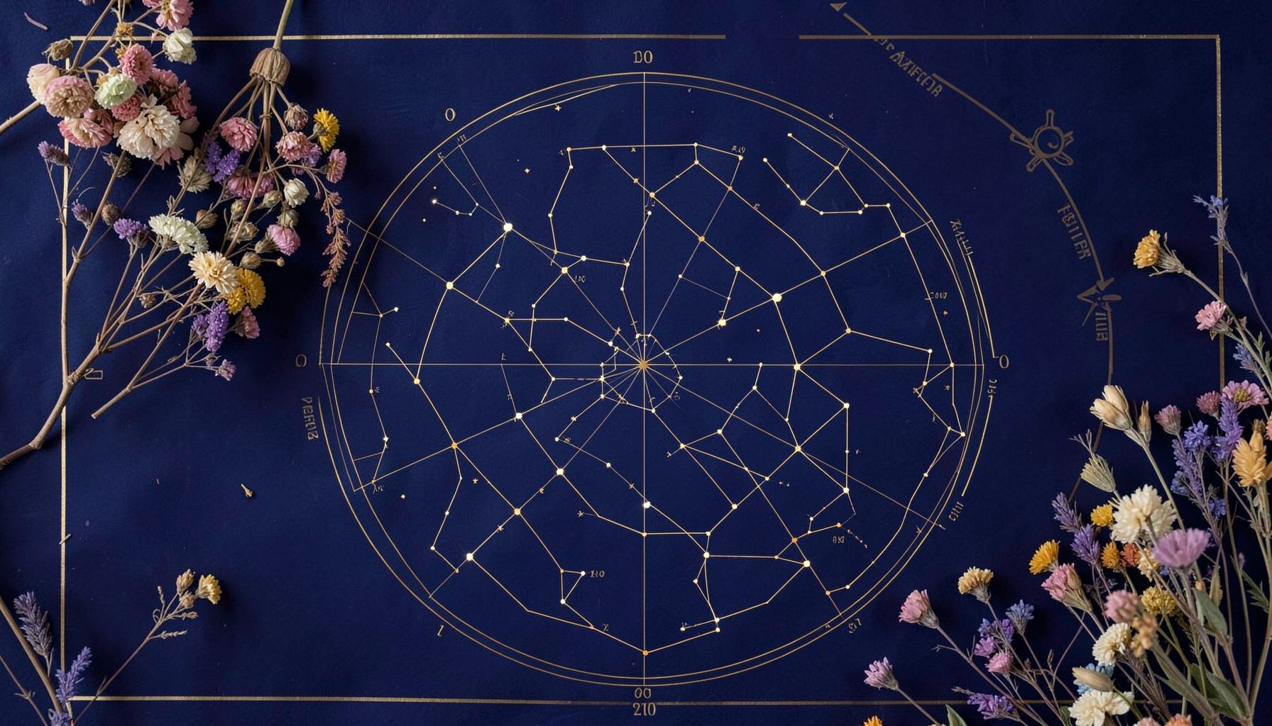 A constellation map and astrological chart with dried flowers, deep indigo background with gold accents