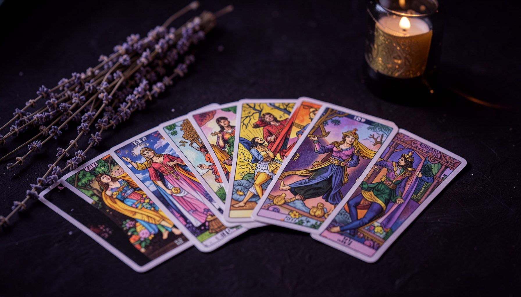 A spread of tarot cards fanned across a dark tabletop with dried lavender sprigs and a lit candle, moody purple and gold tones